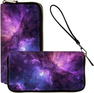 Slim Cute Zipper Wristlet Wallet for Women with RFID Blocking, PU Leather Clutch Credit Card Holder Purse, Ladies Glitter Galaxy Starry
