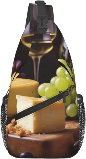 Sling Backpack Adjustable Crossbody Shoulder Bags White Wine Cheese Cake Grapes Casual Chest Bag Hiking Daypack