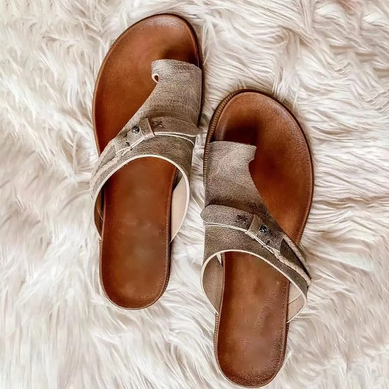 Slip Sole Sandals for Women Flats Novelty Comfy Toe Ring Open Toe Studded Rope Slip-on Flip Flops Summer Lightweight Casual Outdoor Beach Shoes