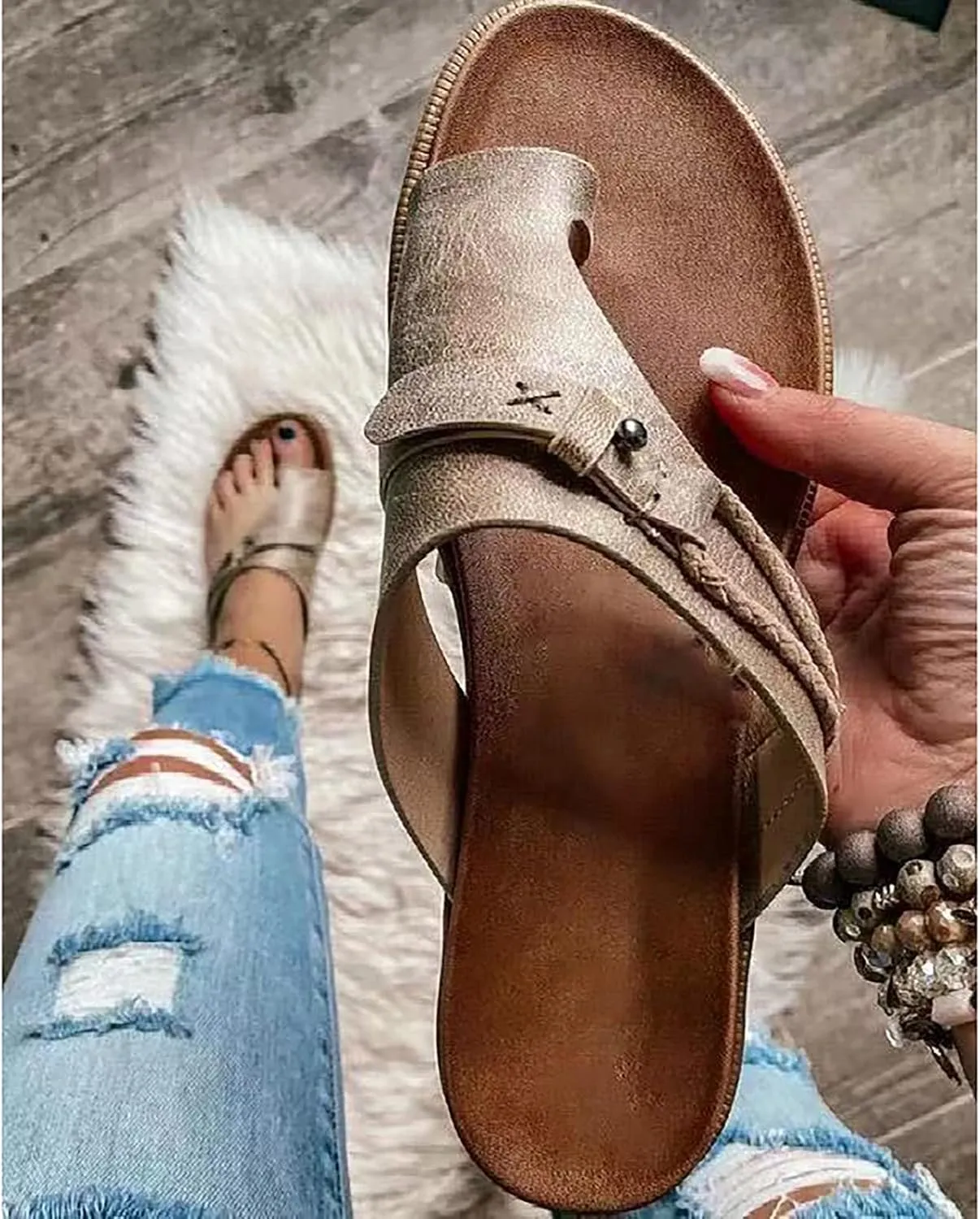 Slip Sole Sandals for Women Flats Novelty Comfy Toe Ring Open Toe Studded Rope Slip-on Flip Flops Summer Lightweight Casual Outdoor Beach Shoes