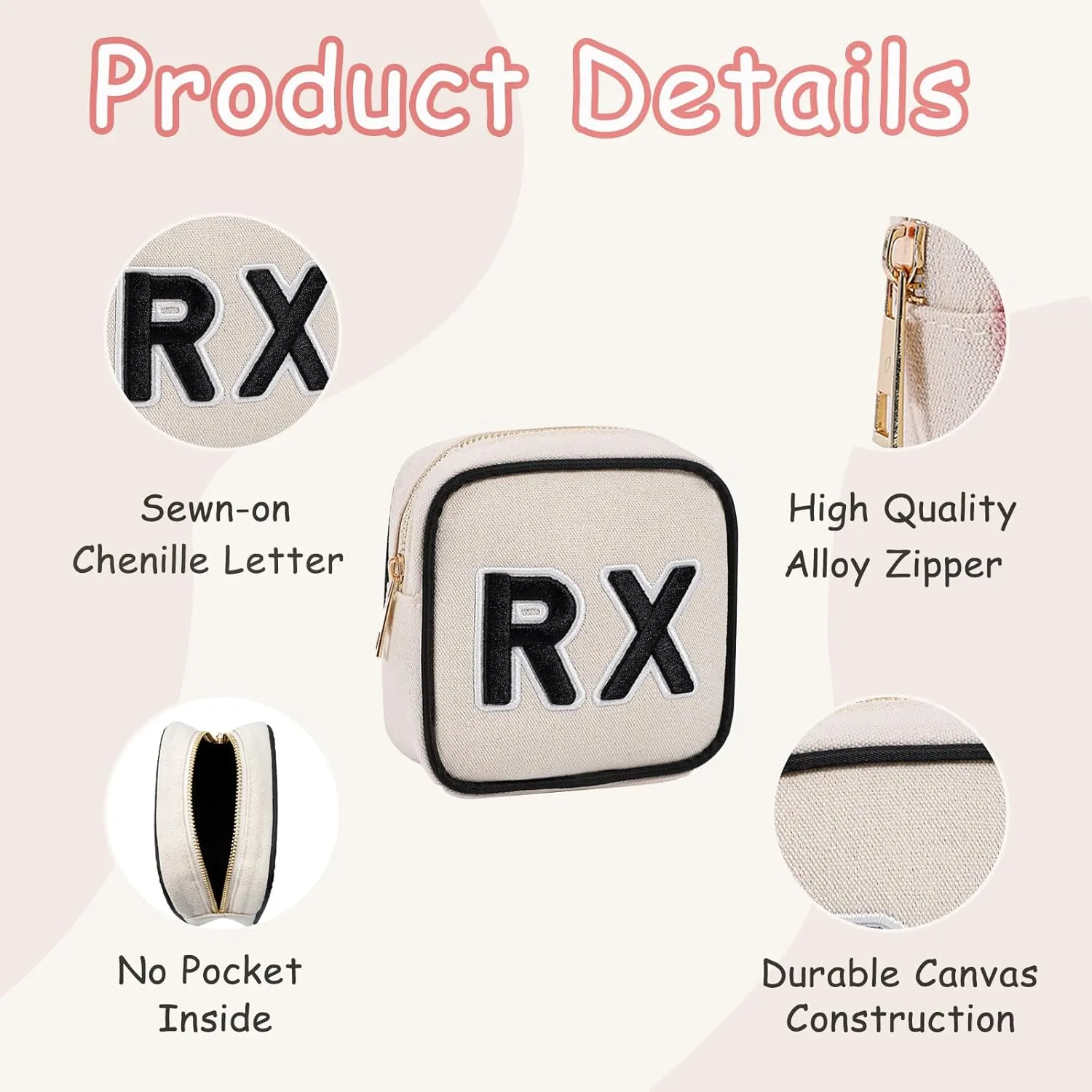 Small Canvas Rx Medicine Packages, Cute Chenille Letter Patch Drug Makeup Bag with Metal Zipper, Mini Travel First Aid Purse Organizer Machine Washable (01Beige)