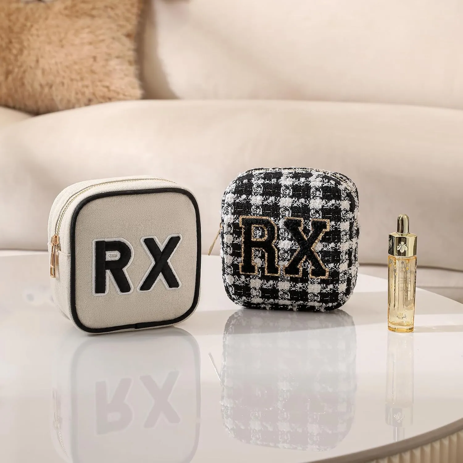 Small Canvas Rx Medicine Packages, Cute Chenille Letter Patch Drug Makeup Bag with Metal Zipper, Mini Travel First Aid Purse Organizer Machine Washable (01Beige)