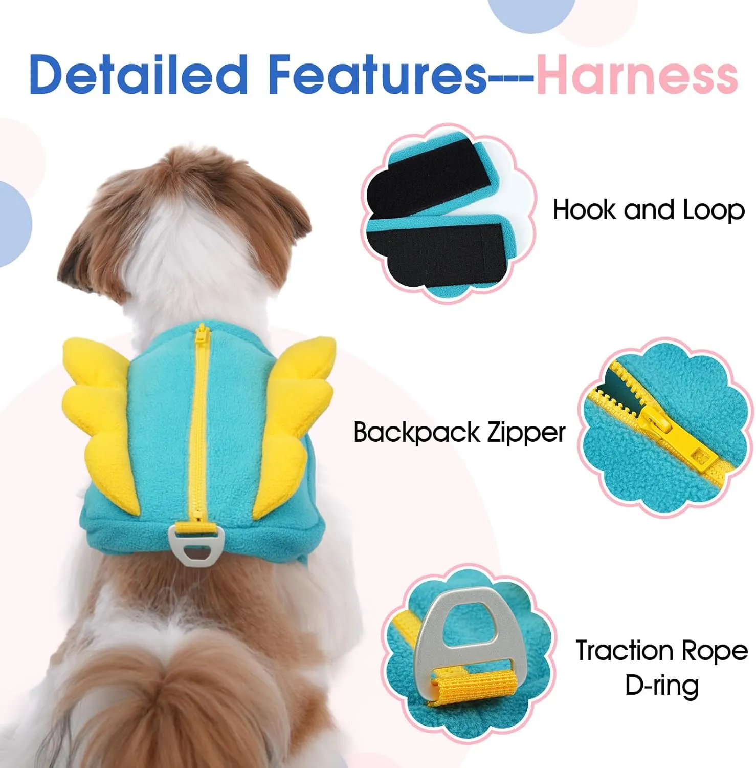 Small Dog Backpack Harness,Chest&Neck Hook-and-Loop Adjustable,Lightweight for Shih Tzu to Wear with D-Ring,Cute Backpack for Outdoor Daily Travel,Spring Colorblock Wing(Blue,S,3-7lb)