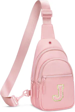 Small Initial Sling Crossbody Bags for Girls Women Fanny Pack Chest Bag Purse Personalized Birthday Gift - Pink - J