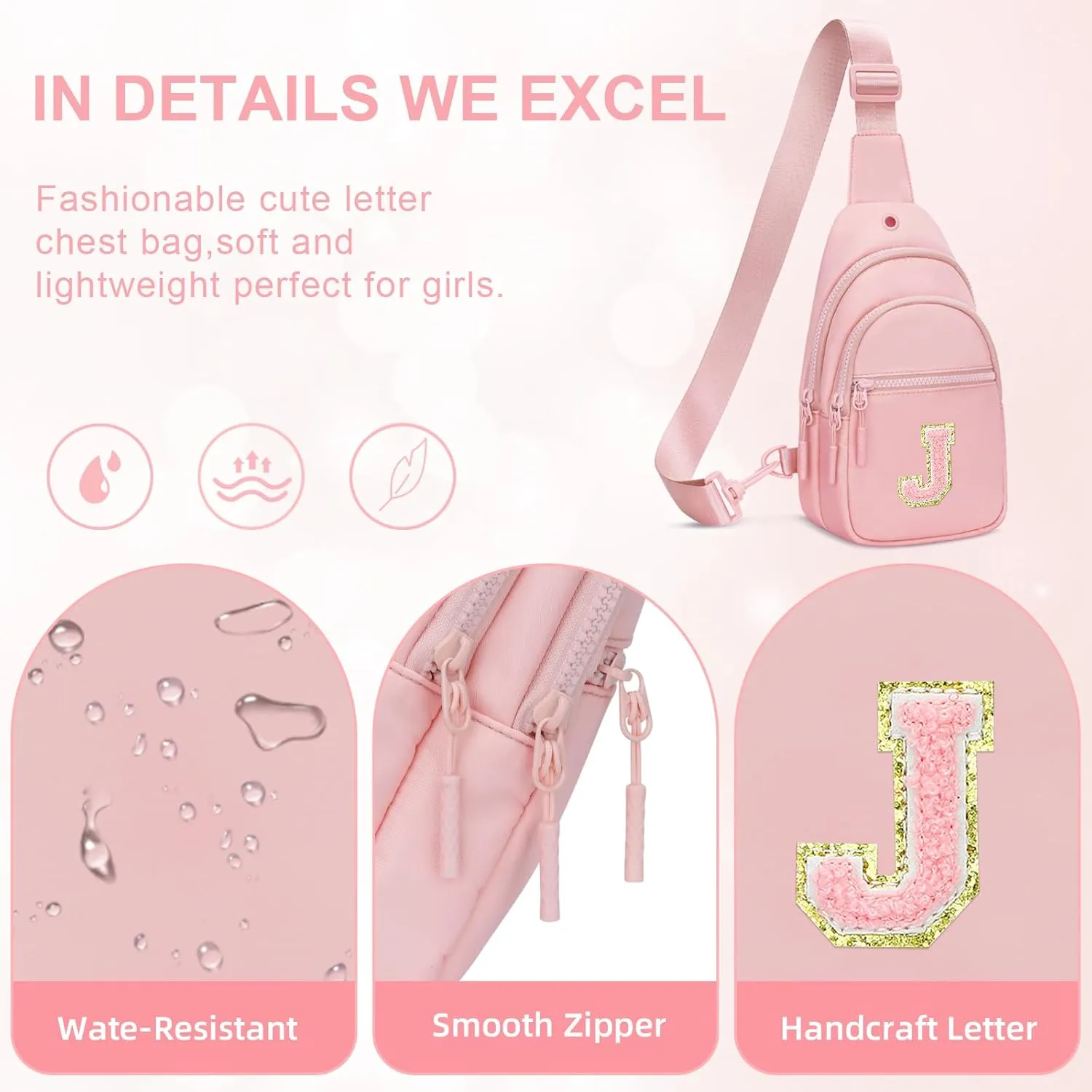 Small Initial Sling Crossbody Bags for Girls Women Fanny Pack Chest Bag Purse Personalized Birthday Gift - Pink - J