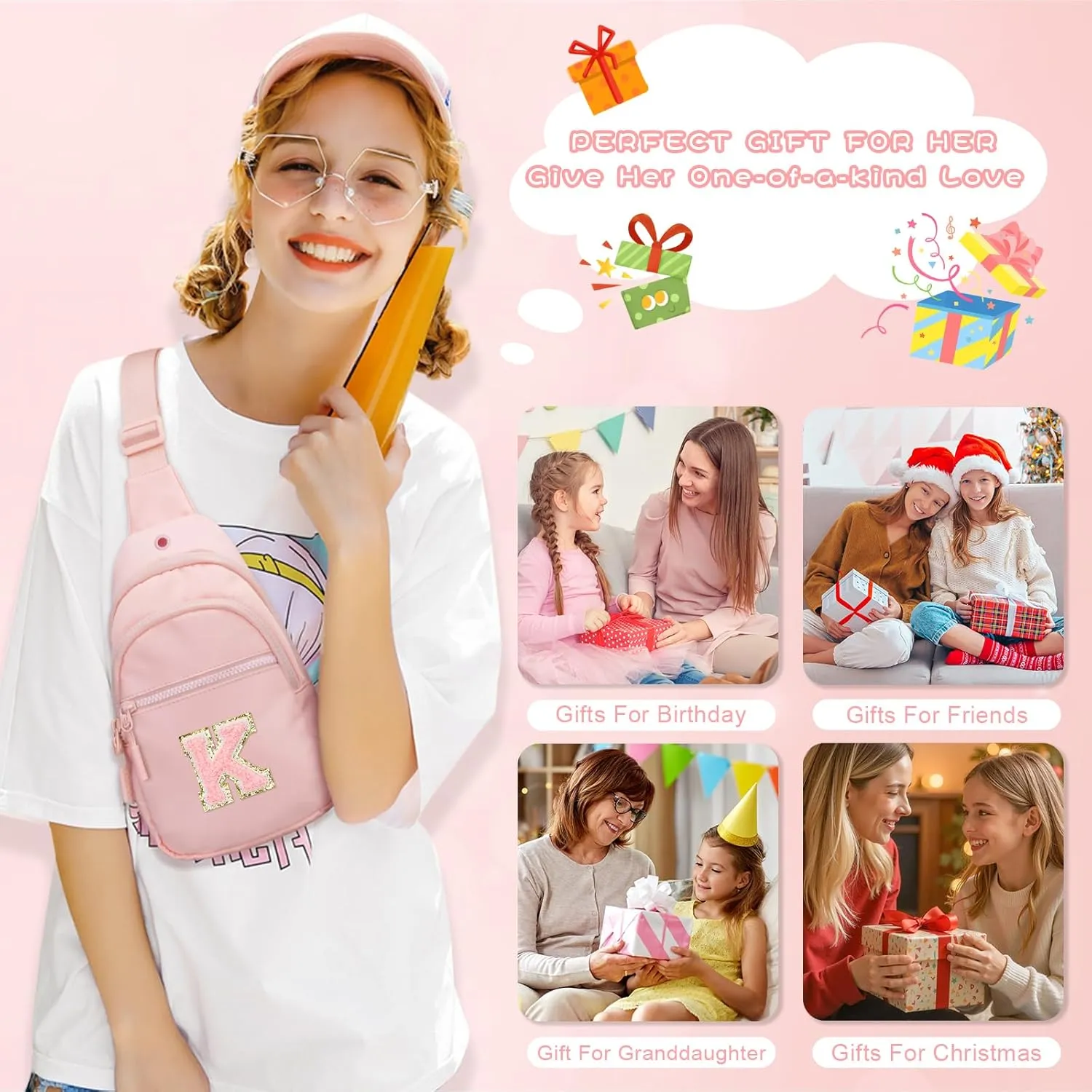 Small Initial Sling Crossbody Bags for Girls Women Fanny Pack Chest Bag Purse Personalized Birthday Gift - Pink - K