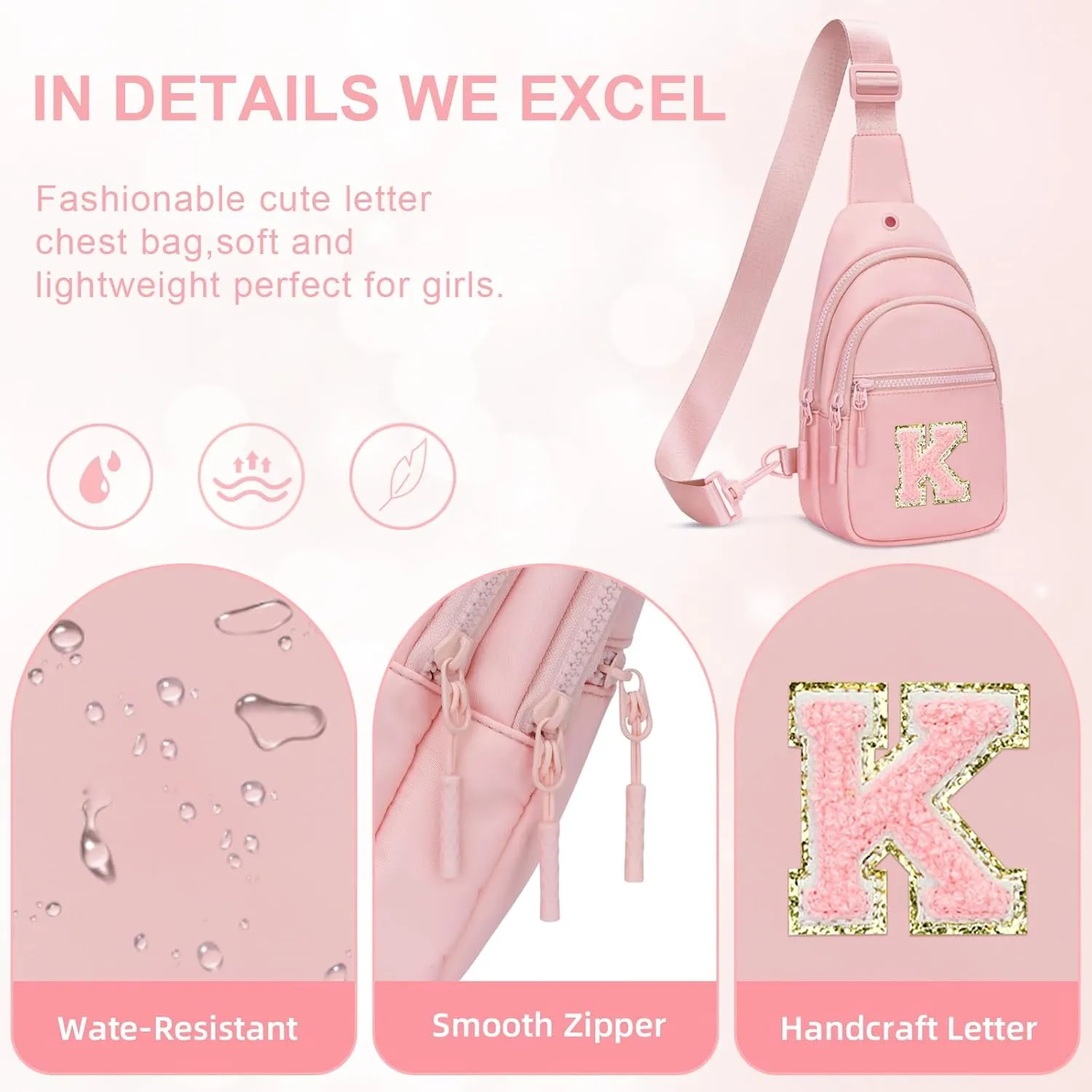 Small Initial Sling Crossbody Bags for Girls Women Fanny Pack Chest Bag Purse Personalized Birthday Gift - Pink - K