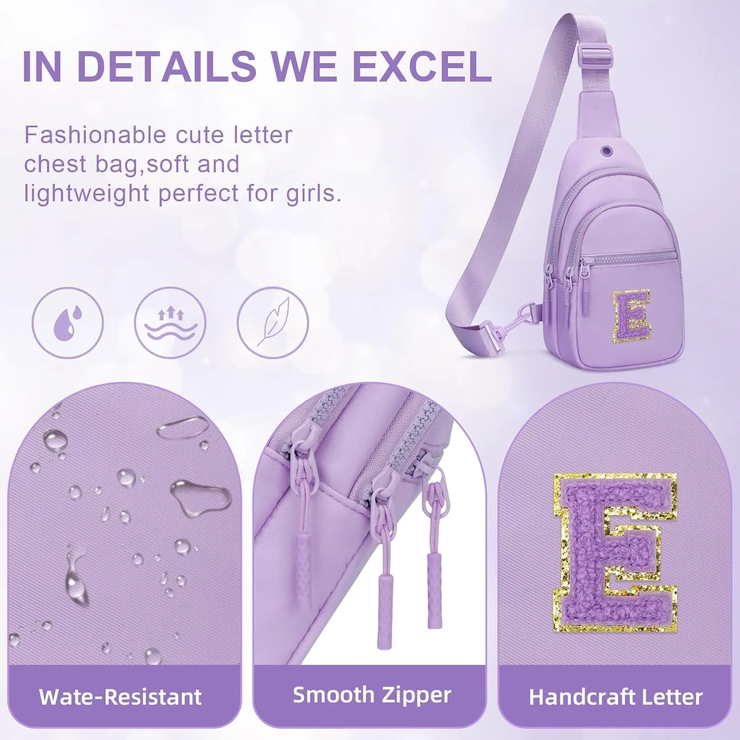 Small Initial Sling Crossbody Bags for Girls Women Fanny Pack Chest Bag Purse Personalized Birthday Gift - Purple - E
