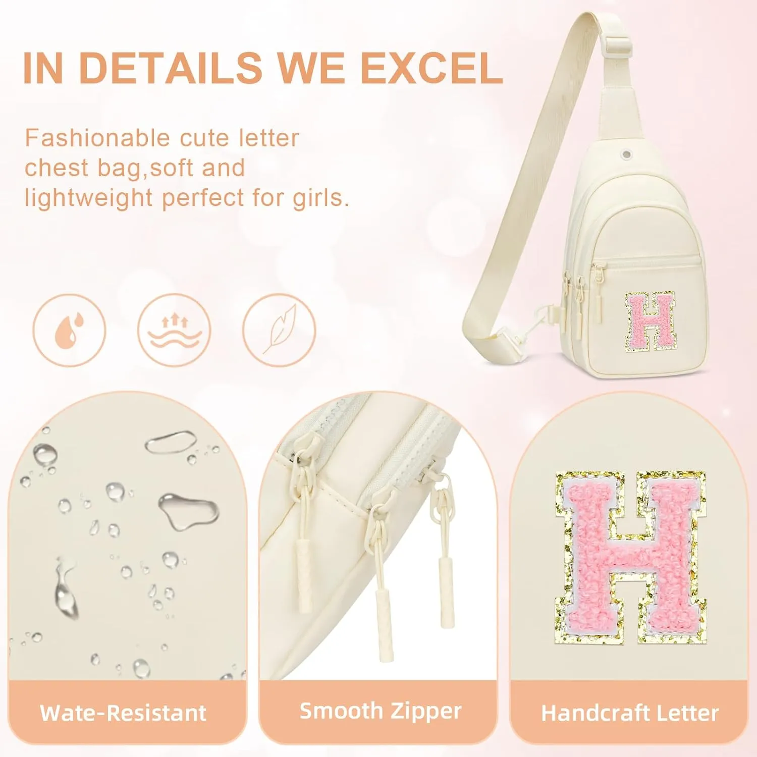 Small Initial Sling Crossbody Bags for Girls Women Fanny Pack Chest Bag Purse Personalized Birthday Gift - White - H