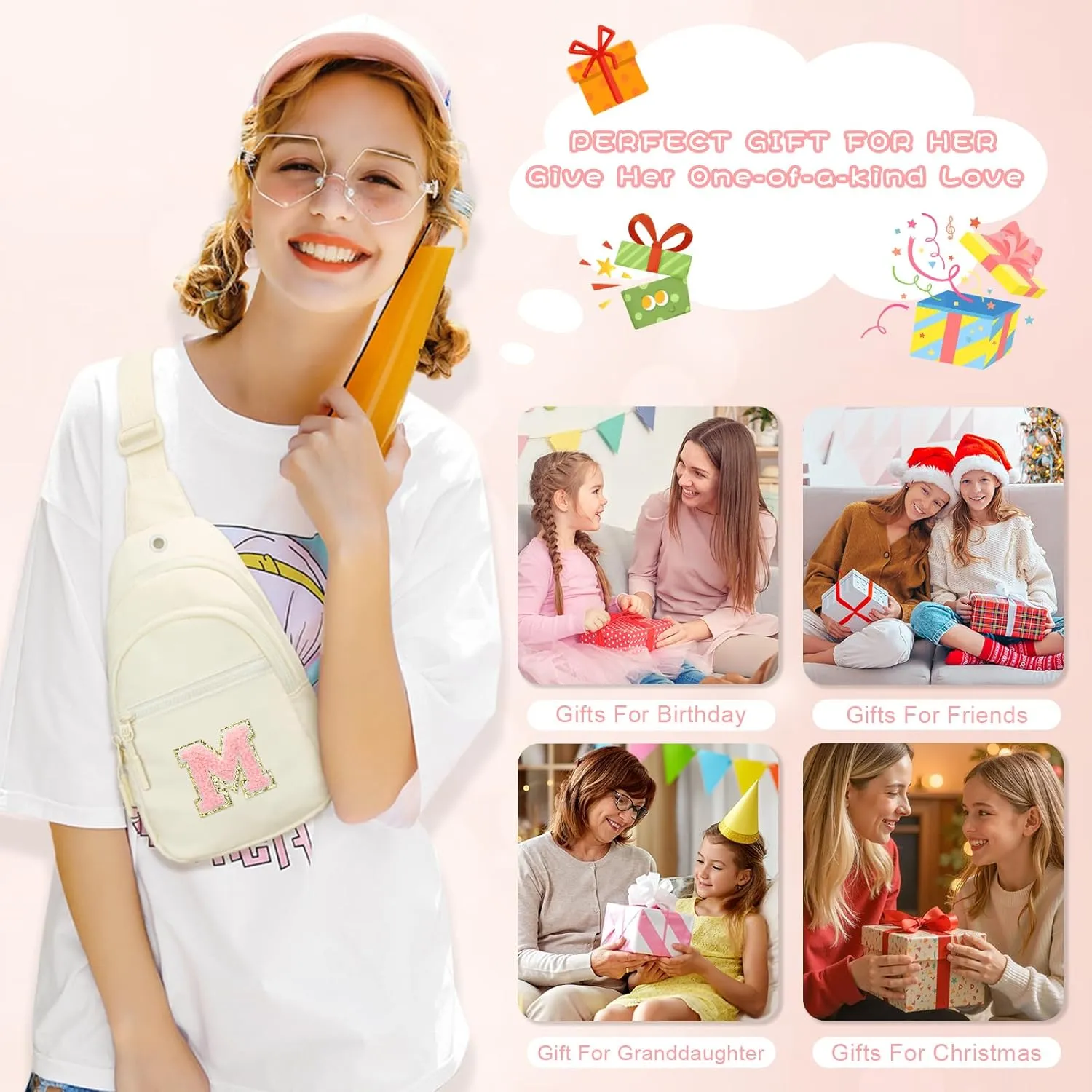 Small Initial Sling Crossbody Bags for Girls Women Fanny Pack Chest Bag Purse Personalized Birthday Gift - White - M