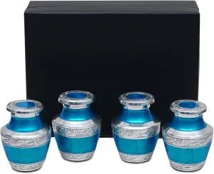 Small Keepsake Urns for Human Ashes, 4-Pack – Mini Blue Cremation Urns for Ashes, Secure Lids & Storage Bags