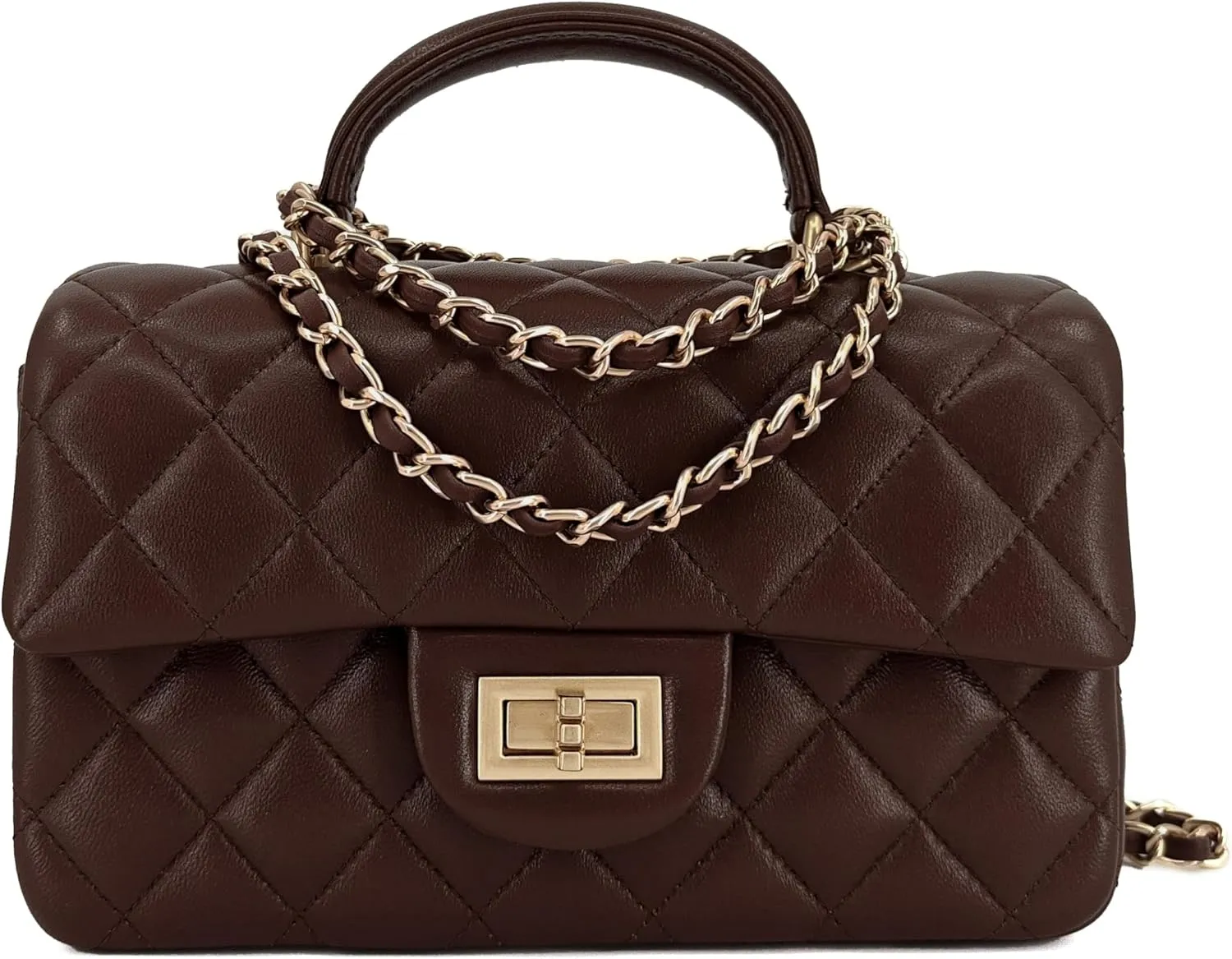 Small Quilted Crossbody Bags for Women, Genuine Leather Shoulder Bag w/Gold Chain Strap, Soft Mini Top Handle Flap Purse