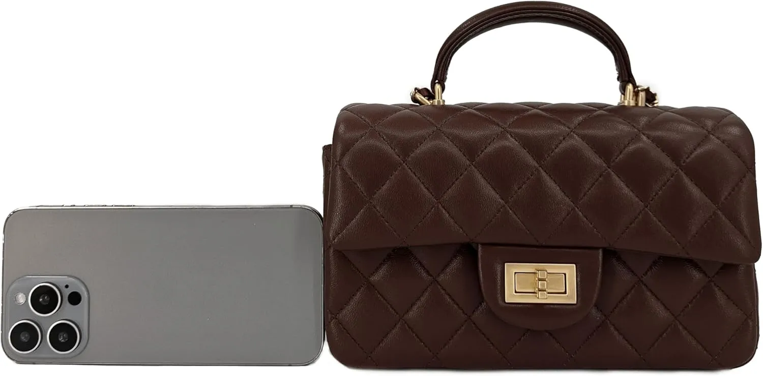 Small Quilted Crossbody Bags for Women, Genuine Leather Shoulder Bag w/Gold Chain Strap, Soft Mini Top Handle Flap Purse