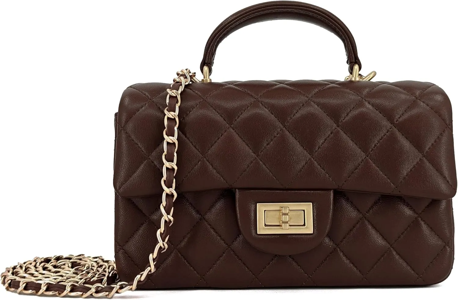 Small Quilted Crossbody Bags for Women, Genuine Leather Shoulder Bag w/Gold Chain Strap, Soft Mini Top Handle Flap Purse