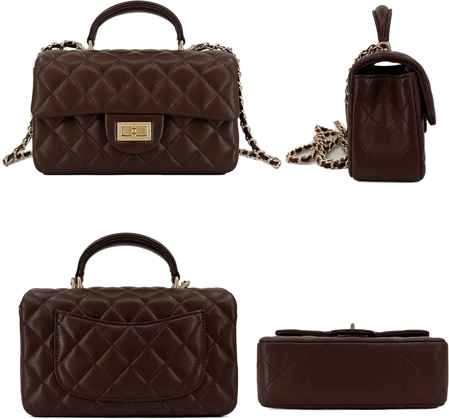 Small Quilted Crossbody Bags for Women, Genuine Leather Shoulder Bag w/Gold Chain Strap, Soft Mini Top Handle Flap Purse