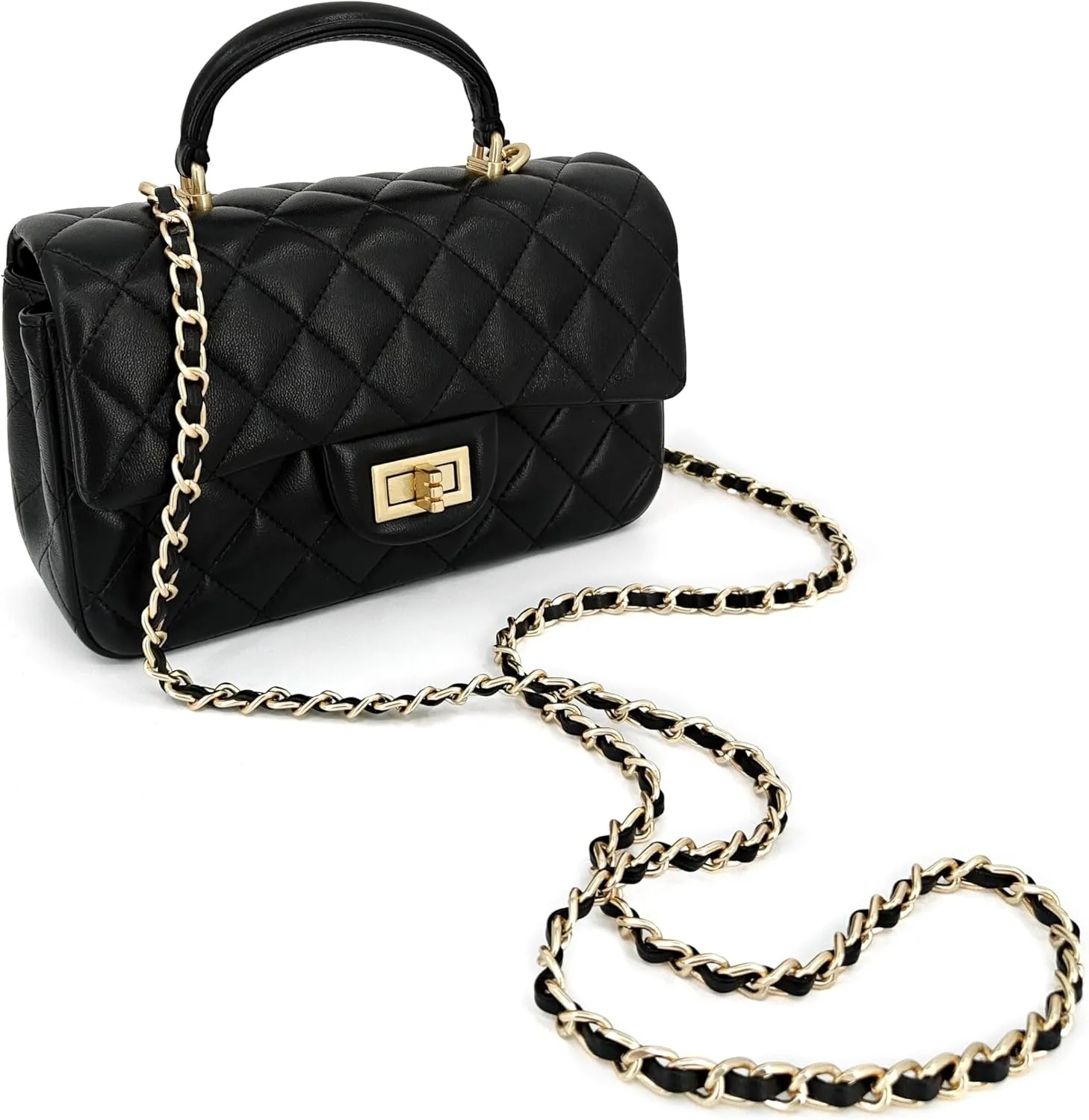 Small Quilted Crossbody Bags for Women, Genuine Leather Shoulder Bag w/Gold Chain Strap, Soft Mini Top Handle Flap Purse