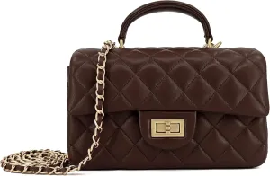 Small Quilted Crossbody Bags for Women, Genuine Leather Shoulder Bag w/Gold Chain Strap, Soft Mini Top Handle Flap Purse