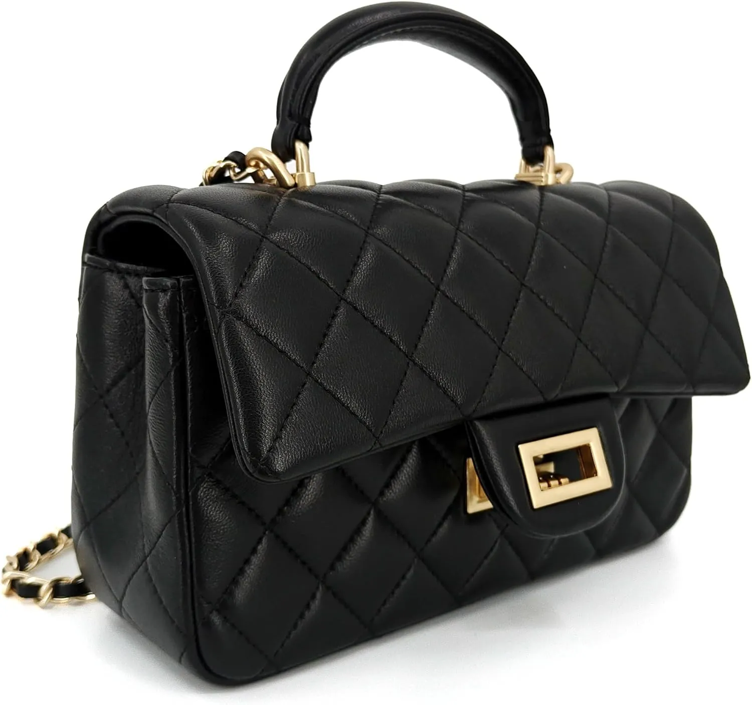 Small Quilted Crossbody Bags for Women, Genuine Leather Shoulder Bag w/Gold Chain Strap, Soft Mini Top Handle Flap Purse