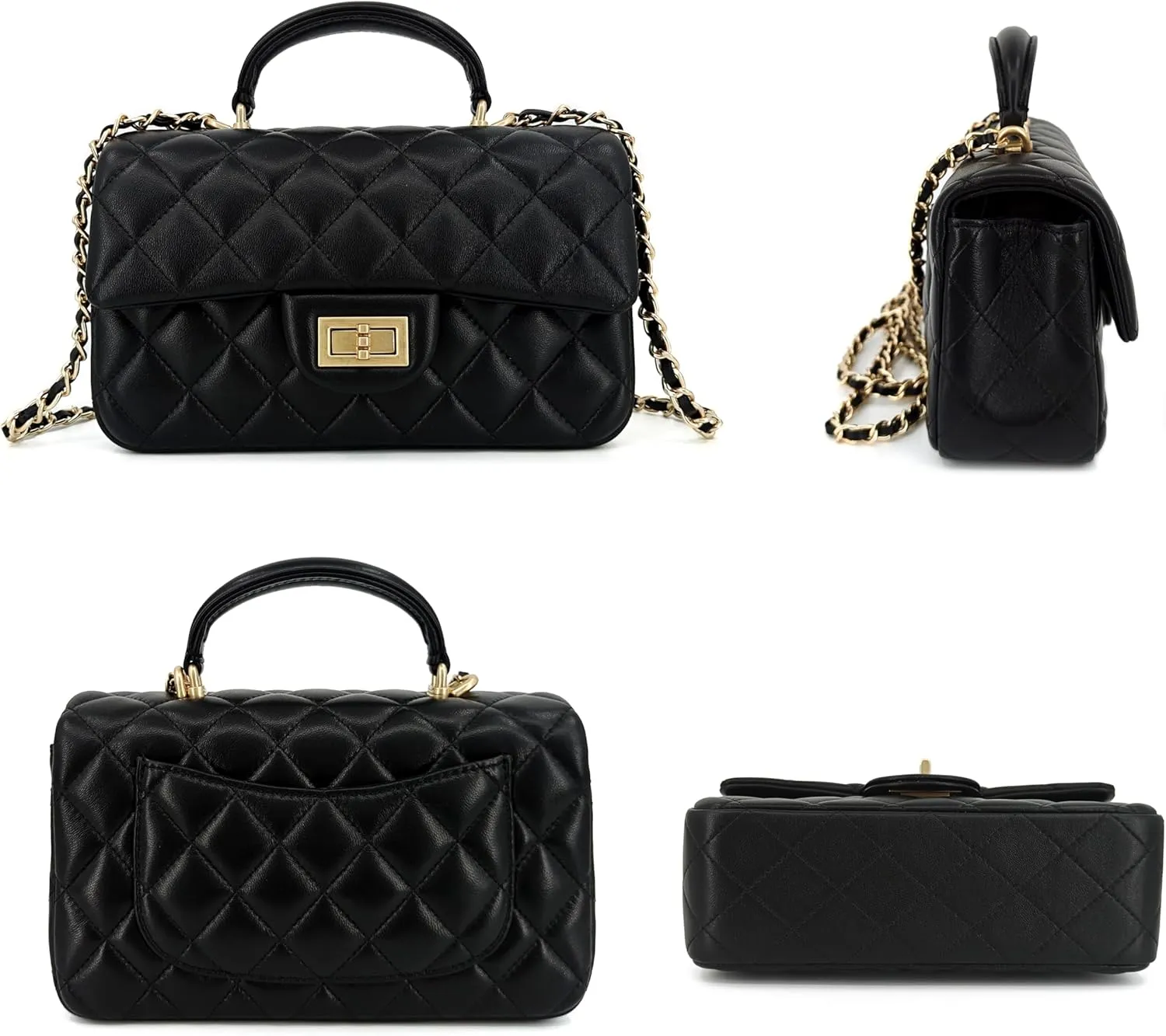 Small Quilted Crossbody Bags for Women, Genuine Leather Shoulder Bag w/Gold Chain Strap, Soft Mini Top Handle Flap Purse