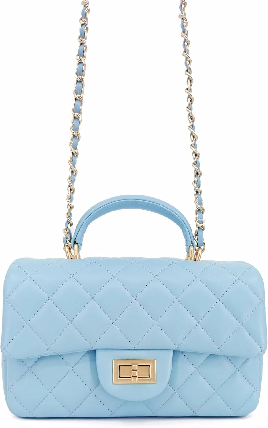 Small Quilted Crossbody Bags for Women, Genuine Leather Shoulder Bag w/Gold Chain Strap, Soft Mini Top Handle Flap Purse