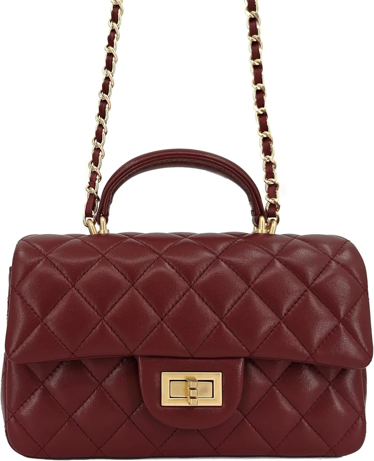 Small Quilted Crossbody Bags for Women, Genuine Leather Shoulder Bag w/Gold Chain Strap, Soft Mini Top Handle Flap Purse