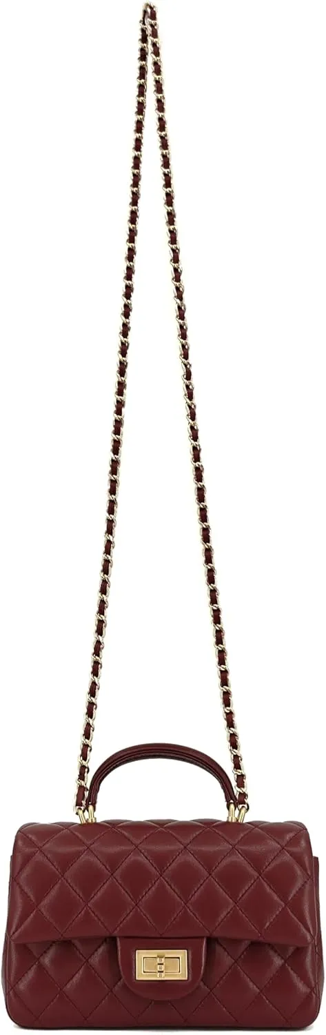 Small Quilted Crossbody Bags for Women, Genuine Leather Shoulder Bag w/Gold Chain Strap, Soft Mini Top Handle Flap Purse