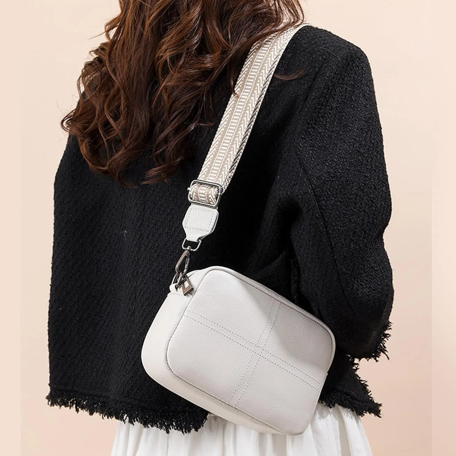 Small Square Bag Soft Crossbody Leather Bag Spring Model Female Shoulder Bags Camera Shoulder Bags (White, 20CM)