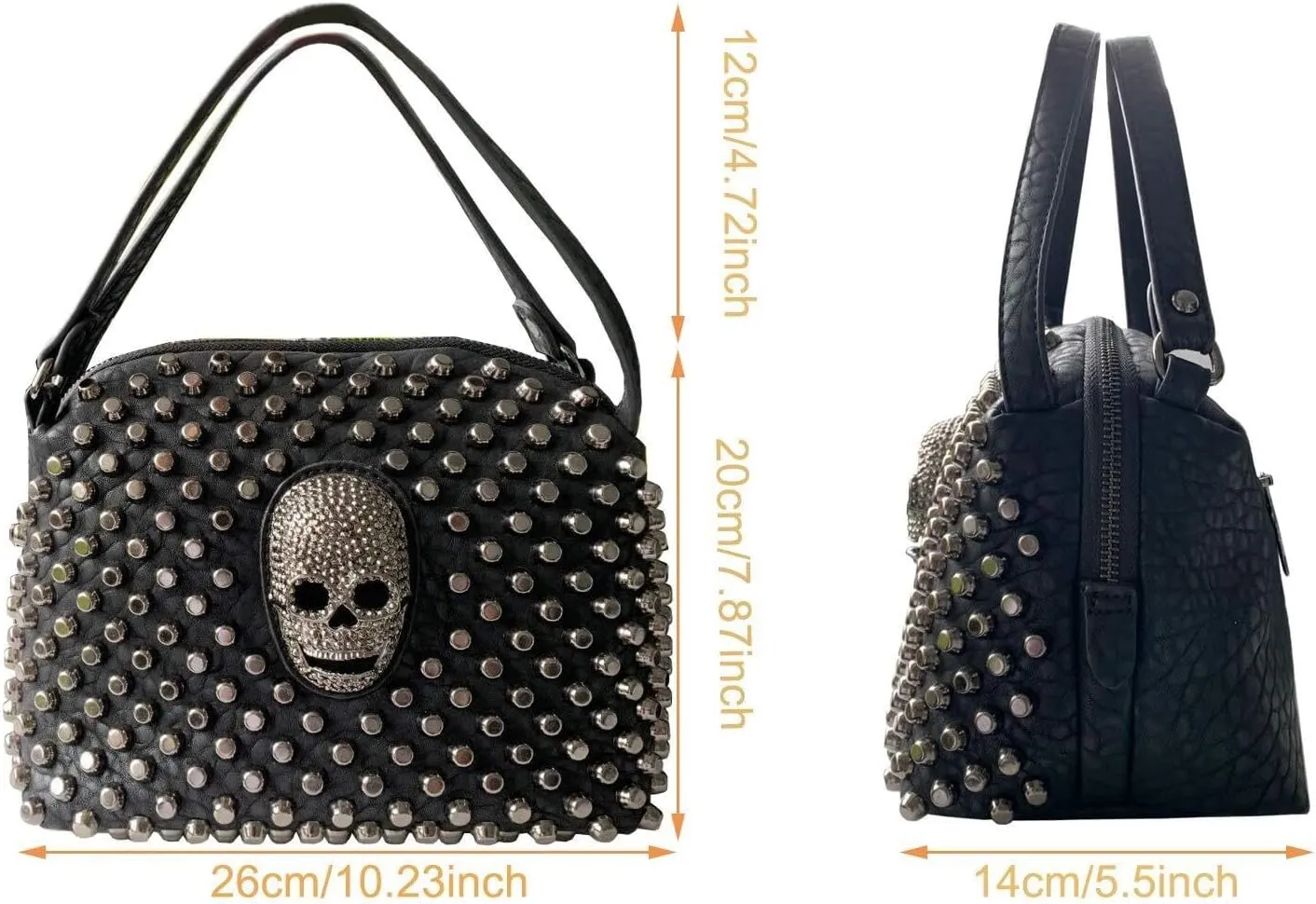 Small Studded Skull Shoulder Bag for Women, Vegan Leather Punk Rock Rivet Crossbody Bag Boston Purses Ladies Handbag