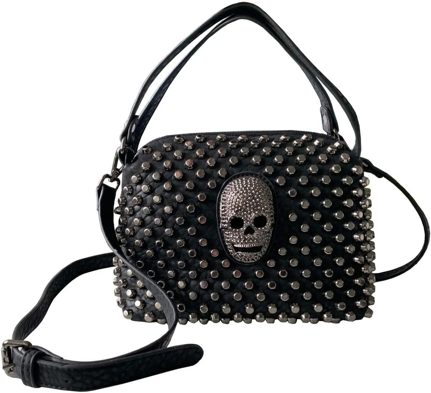 Small Studded Skull Shoulder Bag for Women, Vegan Leather Punk Rock Rivet Crossbody Bag Boston Purses Ladies Handbag