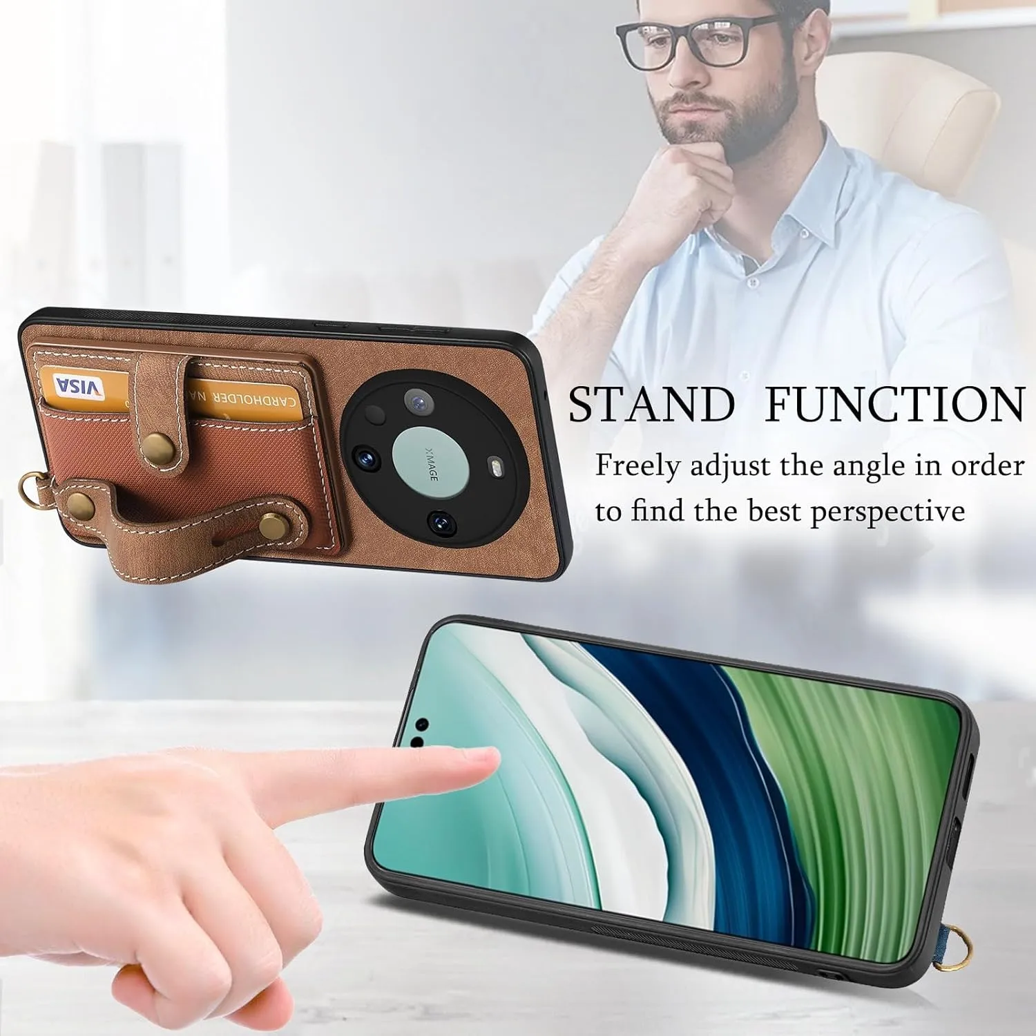 Smartphone Flip Cases Phone Back Protection Case Compatible with Huawei Mate 60 Pro Wallet Case,Shockproof Flip Cover Drop Protective Case with Card Holder, Protective Handbag Flip Cover Wrist Strap F