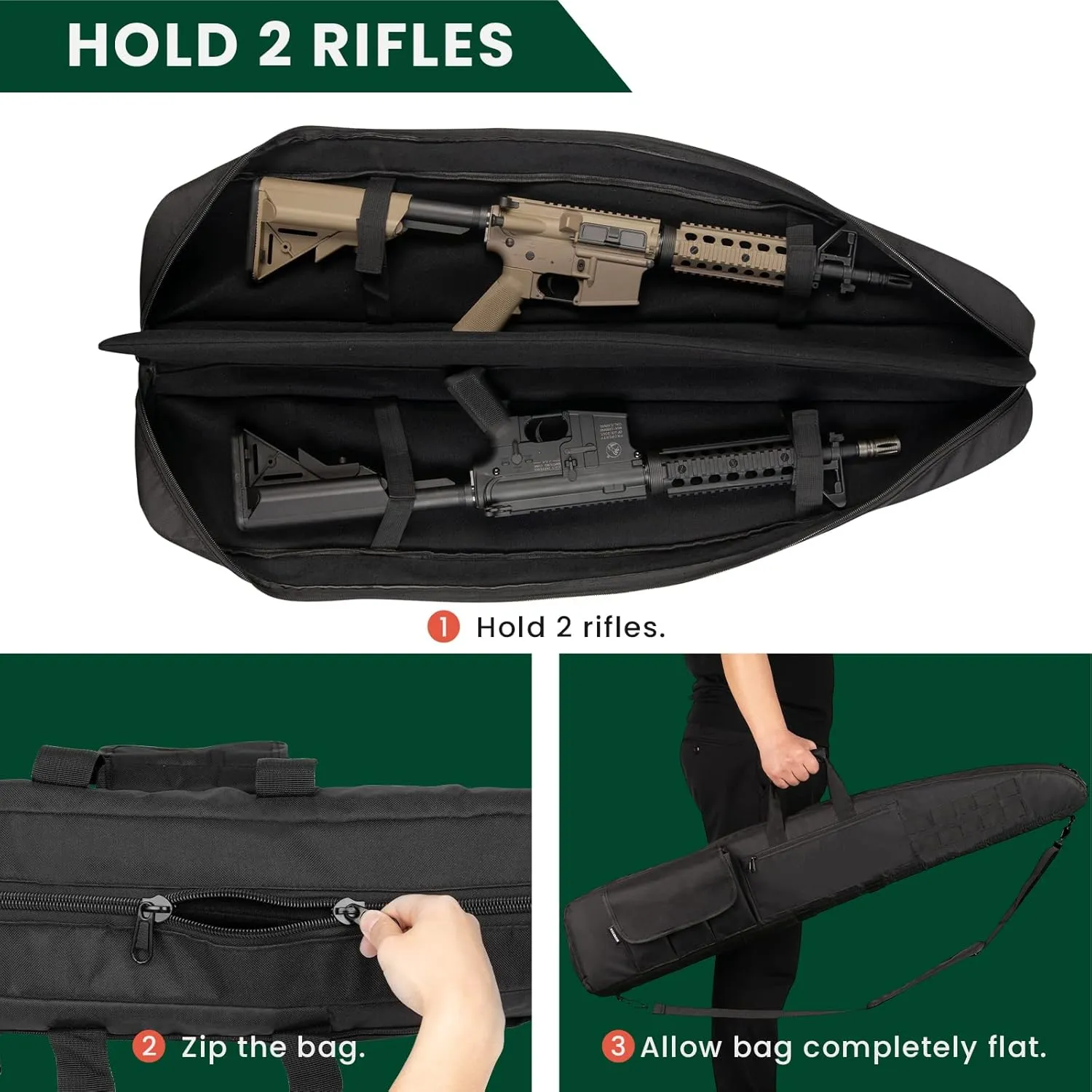 Soft Double Shotgun Rifle Case 38” 42” 44” 46" 52" Long Gun Bag w/Padded Handle - Adjustable Sling Dual Lockable Zippers, Multiple Magazine Holder Pouches Outdoor Tactical Accessory Bags