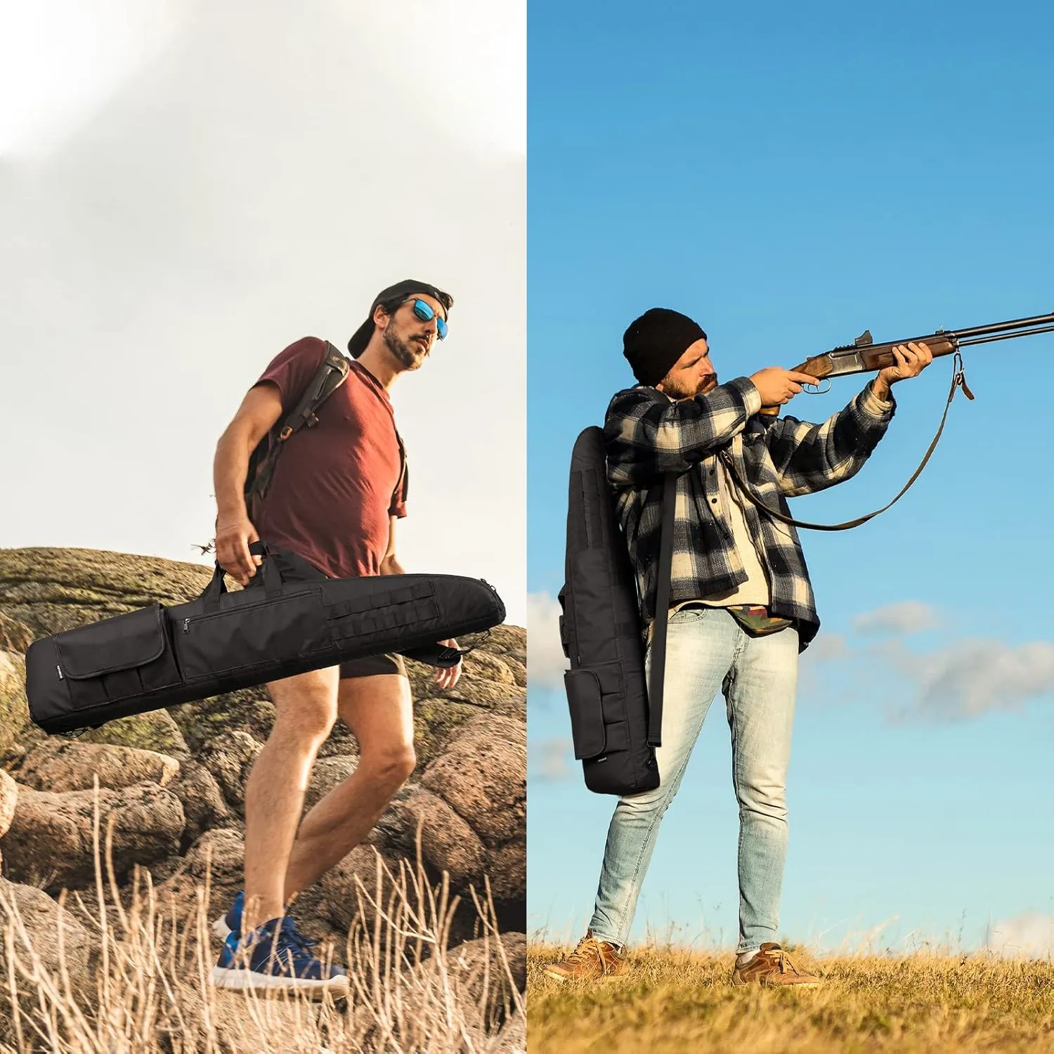 Soft Double Shotgun Rifle Case 38” 42” 44” 46" 52" Long Gun Bag w/Padded Handle - Adjustable Sling Dual Lockable Zippers, Multiple Magazine Holder Pouches Outdoor Tactical Accessory Bags