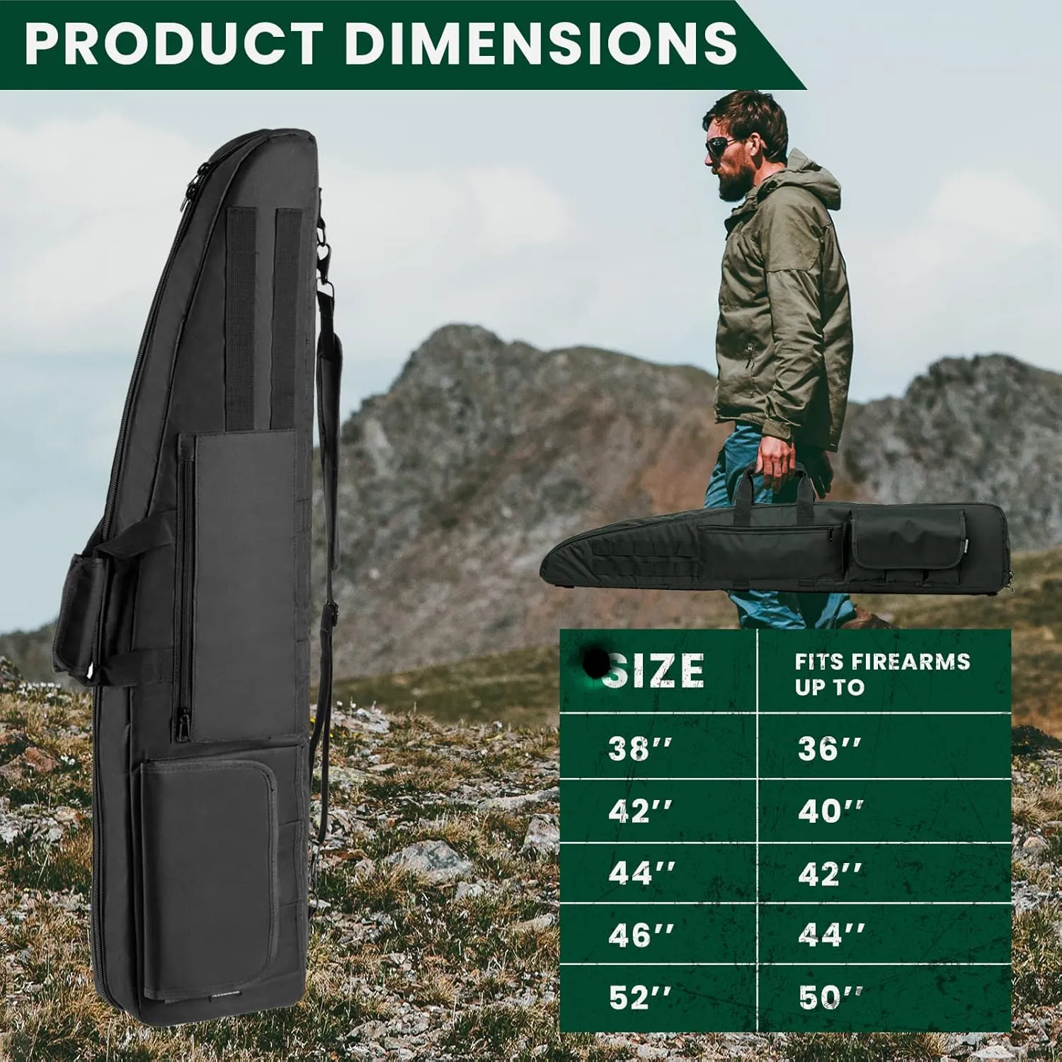 Soft Double Shotgun Rifle Case 38” 42” 44” 46" 52" Long Gun Bag w/Padded Handle - Adjustable Sling Dual Lockable Zippers, Multiple Magazine Holder Pouches Outdoor Tactical Accessory Bags