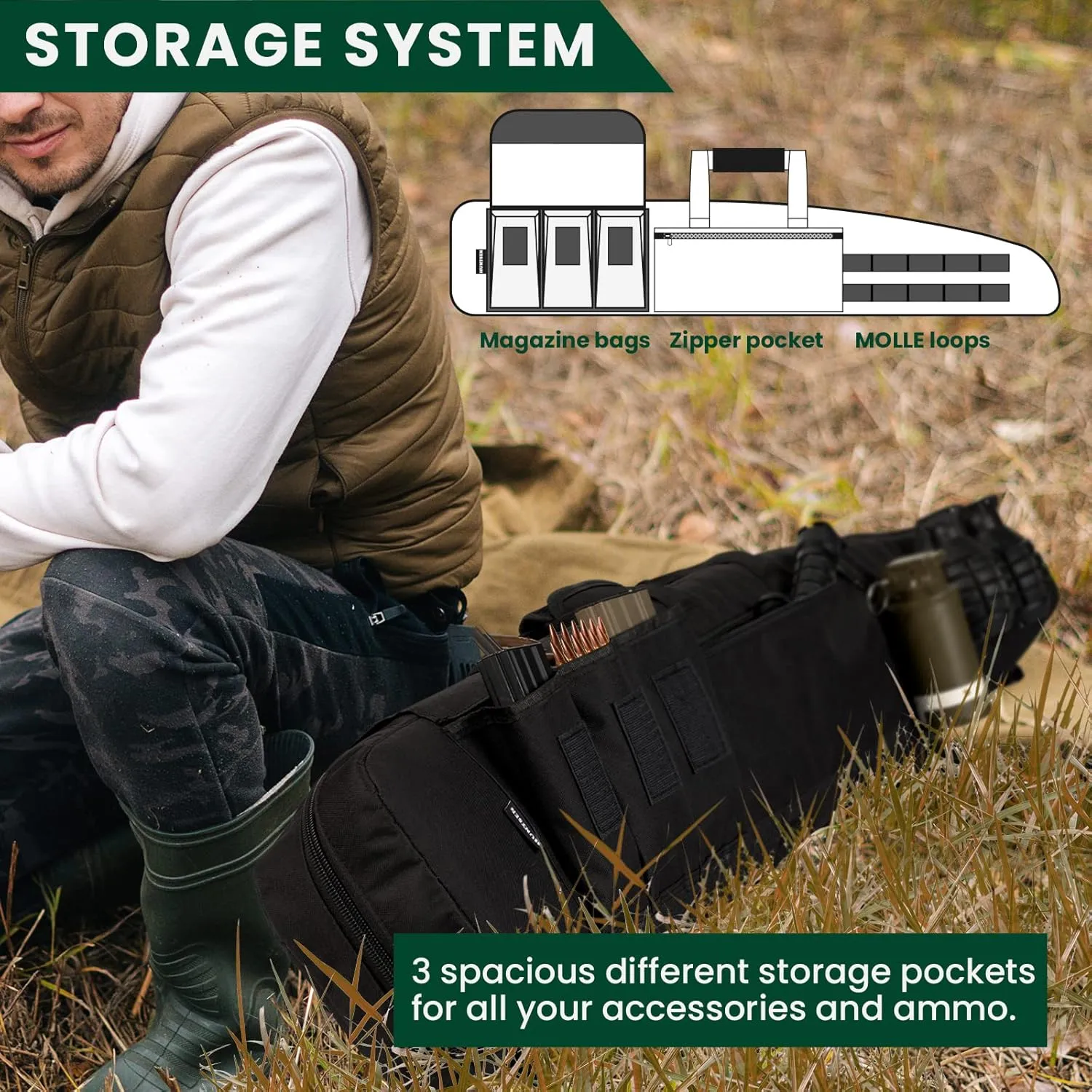 Soft Double Shotgun Rifle Case 38” 42” 44” 46" 52" Long Gun Bag w/Padded Handle - Adjustable Sling Dual Lockable Zippers, Multiple Magazine Holder Pouches Outdoor Tactical Accessory Bags