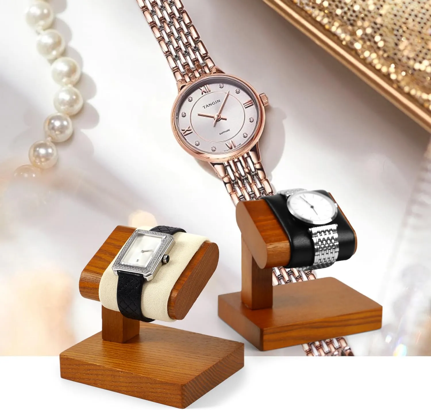 Solid Wood Watch Display Stand T-bar Watch Stand Holder Organizer For Men And Women Wristwatch, Bracelet,Storage Display Rack(Cream White)