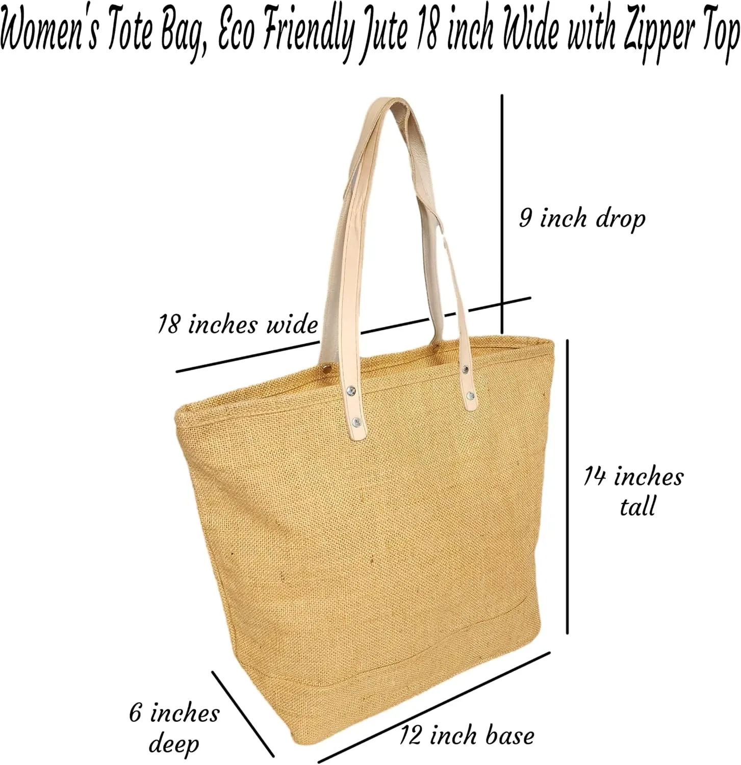 SONA G DESIGNS Women's Personalized Tote Bag, Eco Friendly Jute 18 inch Wide with Zipper Top