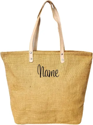 SONA G DESIGNS Women's Personalized Tote Bag, Eco Friendly Jute 18 inch Wide with Zipper Top