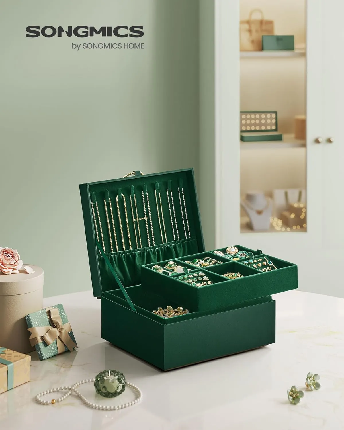 SONGMICS 2-Layer Jewelry Box, Jewelry Organizer with Handle, Removable Jewelry Tray, Jewelry Storage, Floating Effect, 8.1 x 9.4 x 4.3 Inches, Gift Idea, Forest Green UJBC165C01