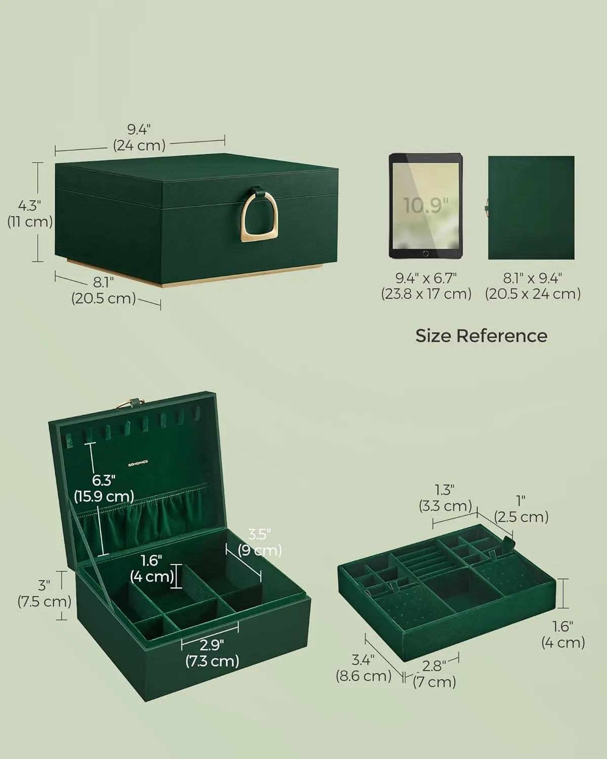 SONGMICS 2-Layer Jewelry Box, Jewelry Organizer with Handle, Removable Jewelry Tray, Jewelry Storage, Floating Effect, 8.1 x 9.4 x 4.3 Inches, Gift Idea, Forest Green UJBC165C01