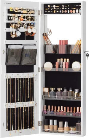 SONGMICS Jewelry Cabinet Armoire with Mirror, Wall or Door Mount Storage Organizer with Full-Length Frameless Mirror, Lockable Cabinet with Built-in Small Mirror, Shelves, Gift Idea, White UJJC003W01