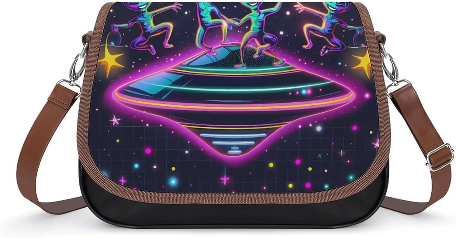 Spaceship Alienes Rave Messenger Bag for Women PU Leather Crossbody Bags Shoulder Handbags Purse