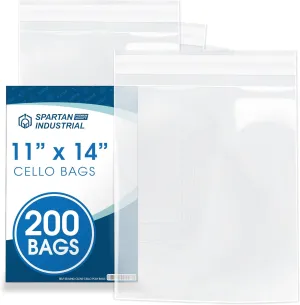 Spartan Industrial - 11" X 14" (200 Count) Crystal Clear Resealable Cello Poly Bags for Packaging, Clothing & T Shirts - Self Seal & Reinforced