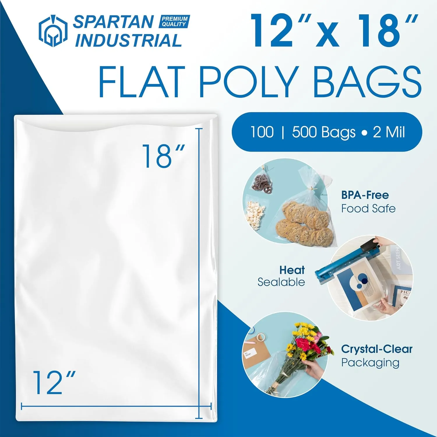 Spartan Industrial - 12” X 18” (500 Count) 2 Mil Heavy Duty Flat Open End Clear Plastic Poly Bags - For Packaging Toys, Art, School Supplies (Bags DO NOT Have Seal & DO NOT Have Prints)