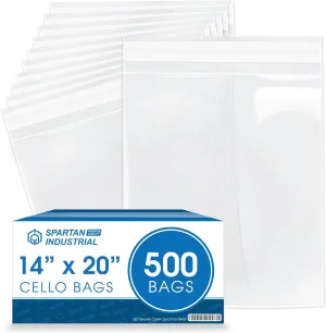 Spartan Industrial - 14" X 20" (500 Count) Crystal Clear Resealable Cello Poly Bags for Packaging, Clothing & T Shirts - Self Seal & Reinforced