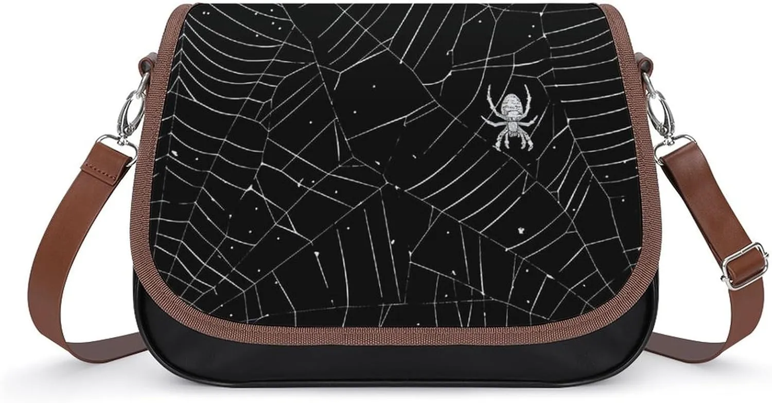 Spider Web Printed Messenger Bag for Women PU Leather Crossbody Bags Shoulder Handbags Purse