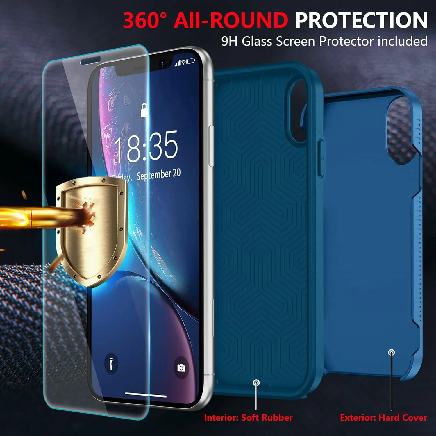 SPIDERCASE for iPhone XR Case, [10 FT Military Grade Drop Protection] [Non-Slip] [2 pcs Tempered Glass Screen Protector] Shockproof Airbag Cushion Protective Case for iPhone XR 6.1” (Sea Blue)