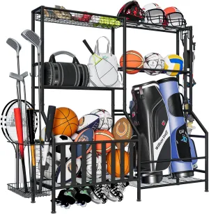 Sports Equipment Organizer, Heavy Duty Golf Bags Stand, Extra Large Ball Storage Rack for Garage, Sports Gear Storage with Basket and Hooks, Black