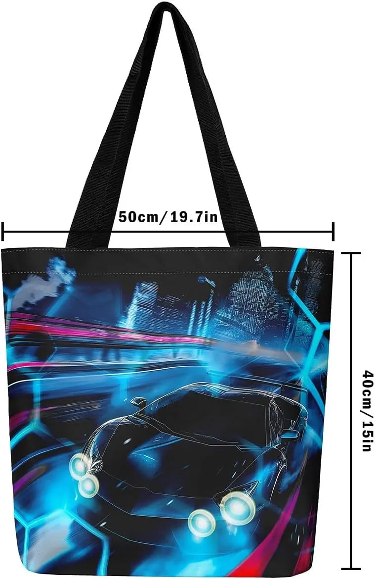Sports Race Car Canvas Tote Bag,Cool Racing Car Shoulder Handbags for Shopping Gym,Large Capacity Travel Bag