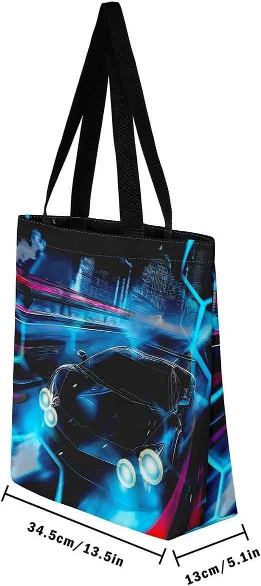 Sports Race Car Canvas Tote Bag,Cool Racing Car Shoulder Handbags for Shopping Gym,Large Capacity Travel Bag