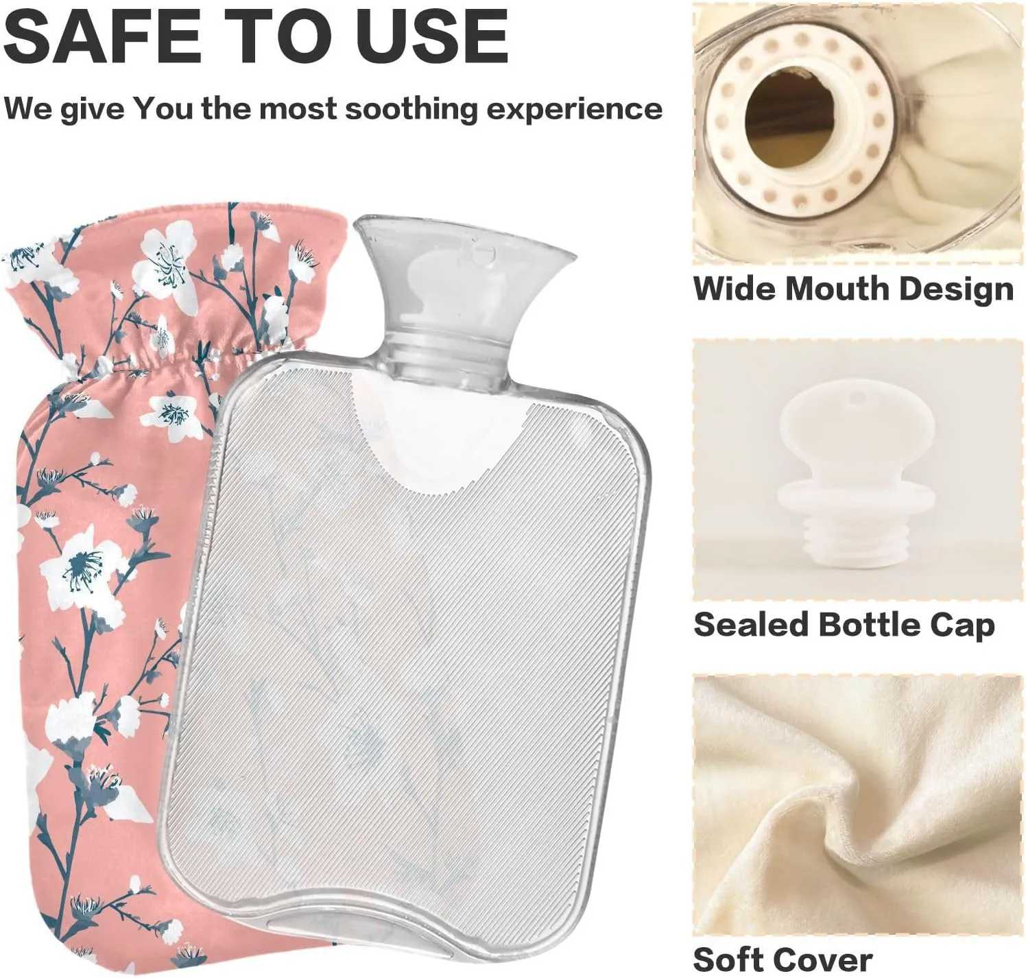 Spring Flowers Pink Hot Water Bottle with Cute Cover 1L Durable Hot Water Bag Warm Water Bag Pouch for Tummy Cramps Neck and Shoulder Waist Pain Relief